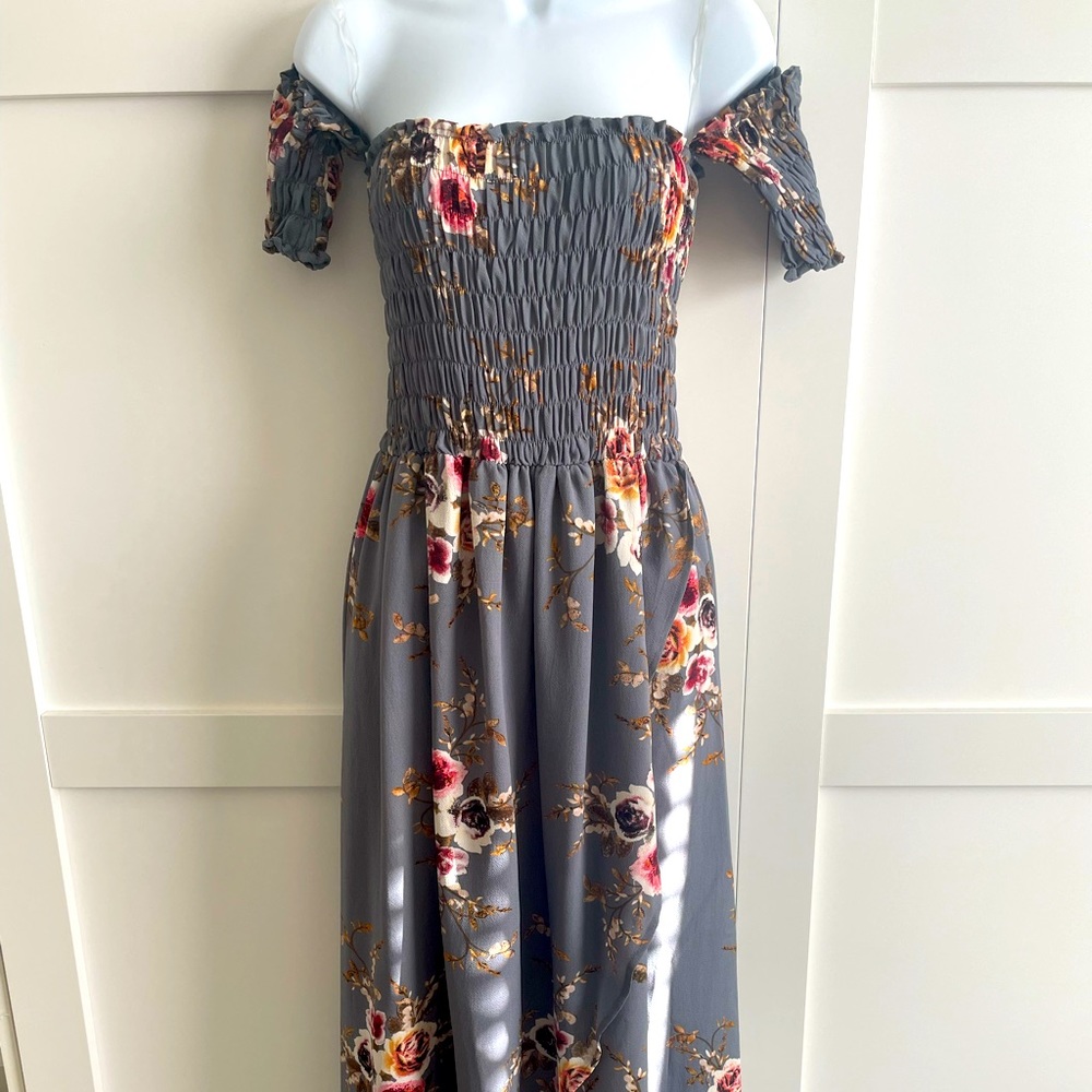 Grey-blue floral dress / high low / S